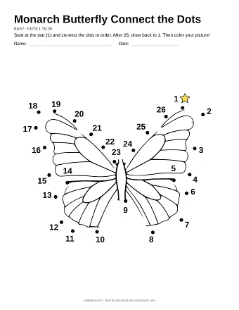 Monarch Butterfly connect the dots worksheet: numbered dots around the picture's outline