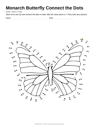 Monarch Butterfly connect the dots worksheet: numbered dots around the picture's outline
