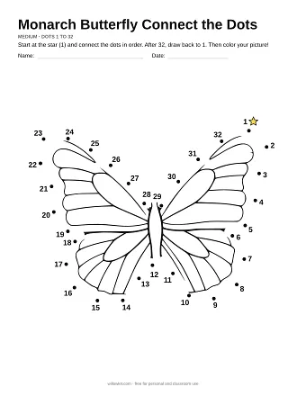 Monarch Butterfly connect the dots worksheet: numbered dots around the picture's outline