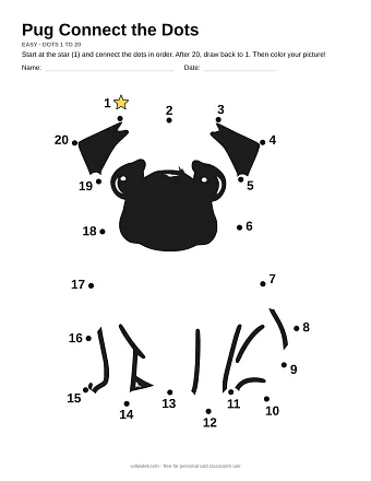 Pug connect the dots worksheet: numbered dots around the picture's outline
