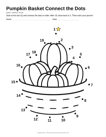 Pumpkin Basket connect the dots worksheet: numbered dots around the picture's outline