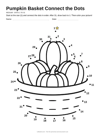 Pumpkin Basket connect the dots worksheet: numbered dots around the picture's outline