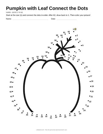 Pumpkin with Leaf connect the dots worksheet: numbered dots around the picture's outline
