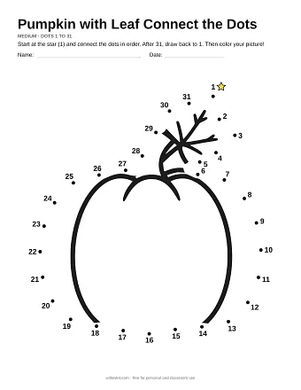 Pumpkin with Leaf connect the dots worksheet: numbered dots around the picture's outline