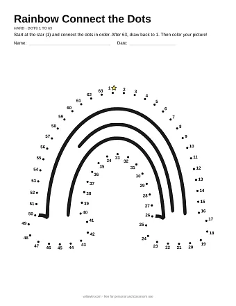 Rainbow connect the dots worksheet: numbered dots around the picture's outline
