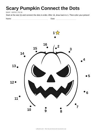 Scary Pumpkin connect the dots worksheet: numbered dots around the picture's outline