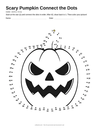 Scary Pumpkin connect the dots worksheet: numbered dots around the picture's outline