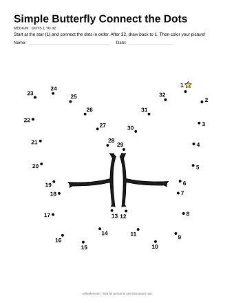 Simple Butterfly connect the dots worksheet: numbered dots around the picture's outline