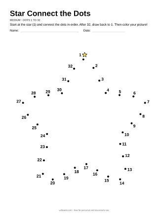 Star connect the dots worksheet: numbered dots around the picture's outline