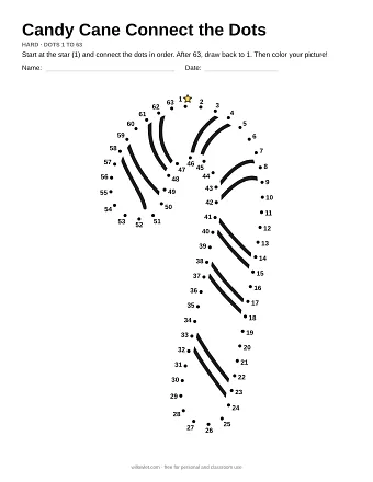 Candy Cane connect the dots worksheet: numbered dots around the picture's outline