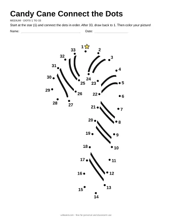 Candy Cane connect the dots worksheet: numbered dots around the picture's outline