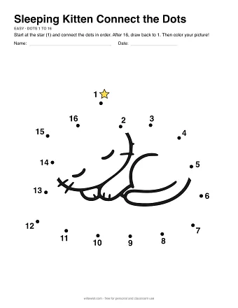 Sleeping Kitten dot to dot worksheet: numbered dots around the picture's outline