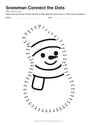 Snowman connect the dots worksheet: numbered dots around the picture's outline