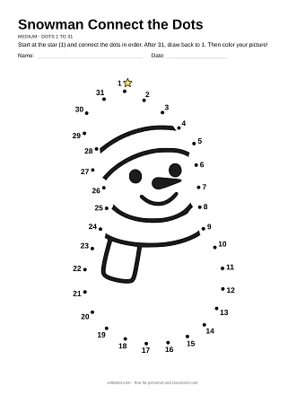 Snowman connect the dots worksheet: numbered dots around the picture's outline
