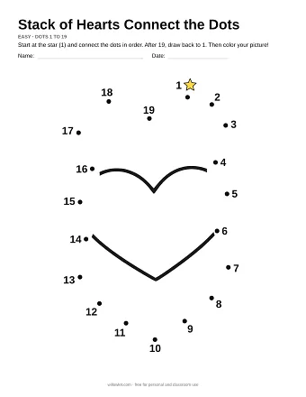 Stack of Hearts connect the dots worksheet: numbered dots around the picture's outline