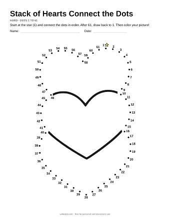 Stack of Hearts connect the dots worksheet: numbered dots around the picture's outline