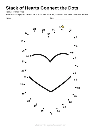 Stack of Hearts connect the dots worksheet: numbered dots around the picture's outline