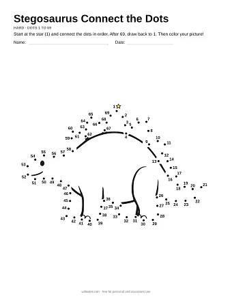 Stegosaurus connect the dots worksheet: numbered dots around the picture's outline