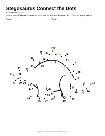 Stegosaurus connect the dots worksheet: numbered dots around the picture's outline