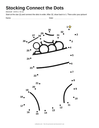 Stocking connect the dots worksheet: numbered dots around the picture's outline