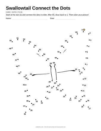 Swallowtail connect the dots worksheet: numbered dots around the picture's outline