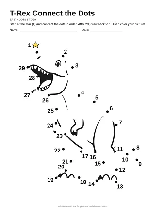 T-Rex connect the dots worksheet: numbered dots around the picture's outline