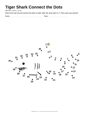 Tiger Shark connect the dots worksheet: numbered dots around the picture's outline