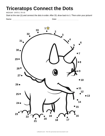 Triceratops connect the dots worksheet: numbered dots around the picture's outline
