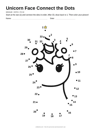 Unicorn Face connect the dots worksheet: numbered dots around the picture's outline