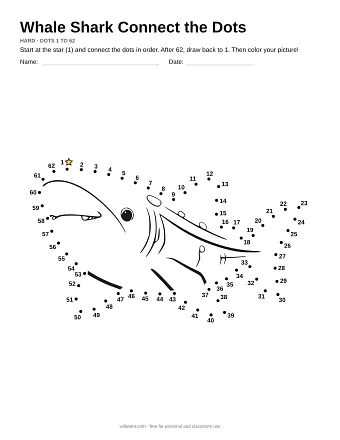 Whale Shark connect the dots worksheet: numbered dots around the picture's outline
