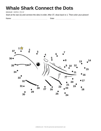 Whale Shark connect the dots worksheet: numbered dots around the picture's outline