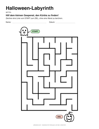 Halloween-Labyrinth, Stufe mittel: Labyrinth mit einem Bild am Start und am Ziel