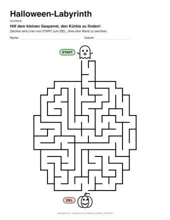 Halloween-Labyrinth, Stufe schwer: Labyrinth mit einem Bild am Start und am Ziel