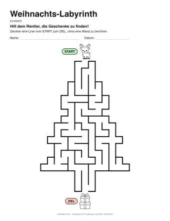 Weihnachts-Labyrinth, Stufe schwer: Labyrinth mit einem Bild am Start und am Ziel