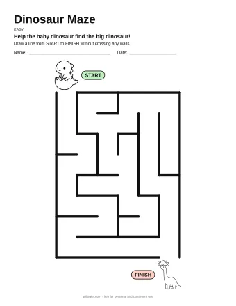 Dinosaur Maze, easy level: a maze with a picture at the start and at the finish
