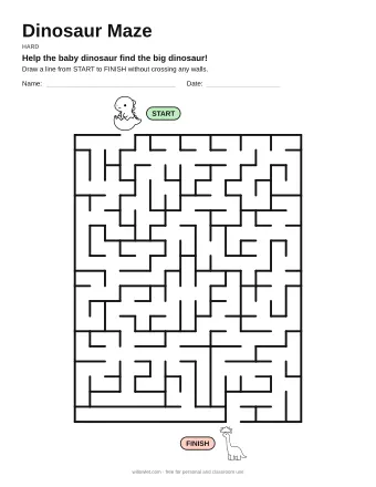 Dinosaur Maze, hard level: a maze with a picture at the start and at the finish
