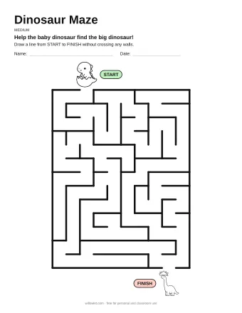 Dinosaur Maze, medium level: a maze with a picture at the start and at the finish