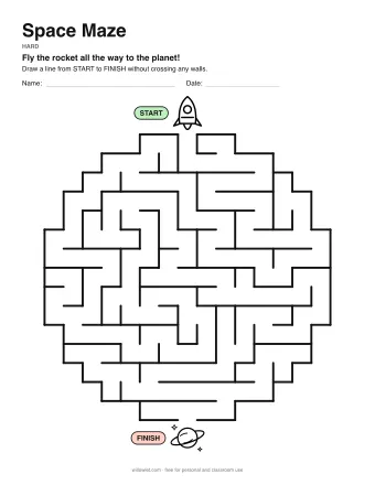 Space Maze, hard level: a maze with a picture at the start and at the finish