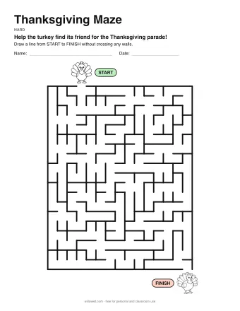 Thanksgiving Maze, hard level: a maze with a picture at the start and at the finish