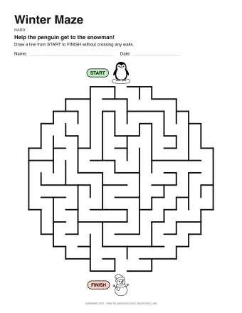 Winter Maze, hard level: a maze with a picture at the start and at the finish