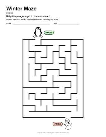 Winter Maze, medium level: a maze with a picture at the start and at the finish