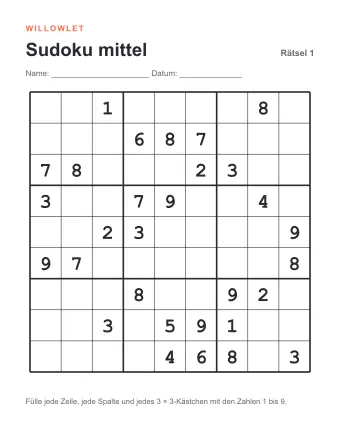 Vorschau: Sudoku mittel zum Ausdrucken: Rätsel 1
