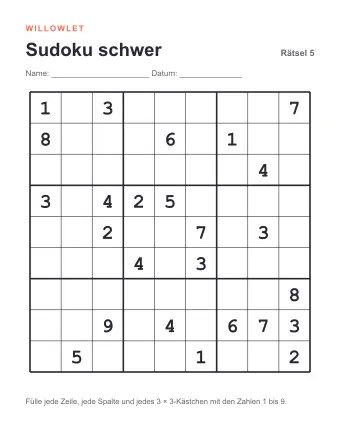 Vorschau: Sudoku schwer zum Ausdrucken: Rätsel 5