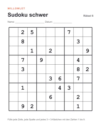 Vorschau: Sudoku schwer zum Ausdrucken: Rätsel 6