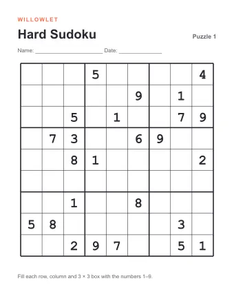 Preview of Hard Printable Sudoku: Puzzle 1