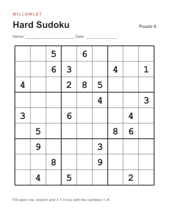 Preview of Hard Printable Sudoku: Puzzle 6