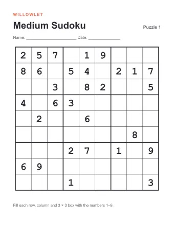 Preview of Medium Printable Sudoku: Puzzle 1