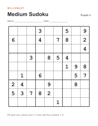 Preview of Medium Printable Sudoku: Puzzle 3