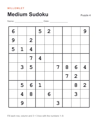 Preview of Medium Printable Sudoku: Puzzle 4