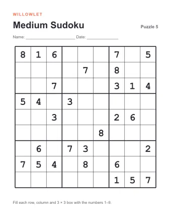 Preview of Medium Printable Sudoku: Puzzle 5